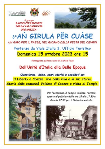 Visita guidata gratuita a Coazze con il Gruppo Racconti e Ricordi della Valsangone. Domenica 15 ottobre alla scoperta di una villa liberty e del Tempio Valdese.