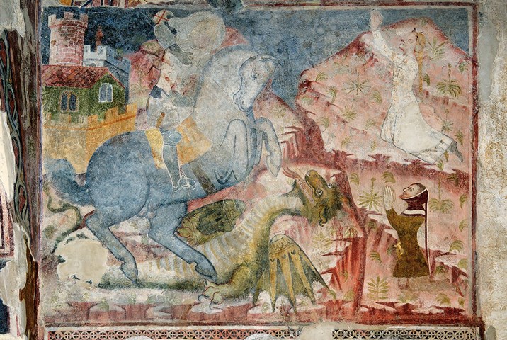 Avigliana, Chiesa S. Pietro, S. Giorgio uccide il drago, Affresco.jpg
