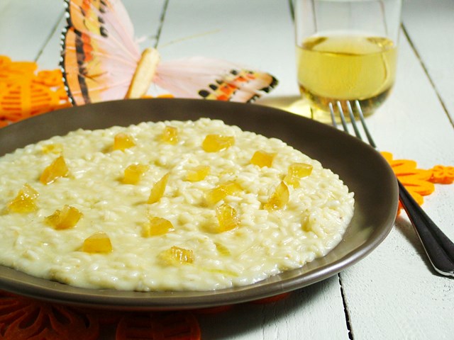 Risotto alla toma del lait brusc e mostarda di agrumi senza logo Risotto alla toma del lait brusc con mostarda di agrumi
