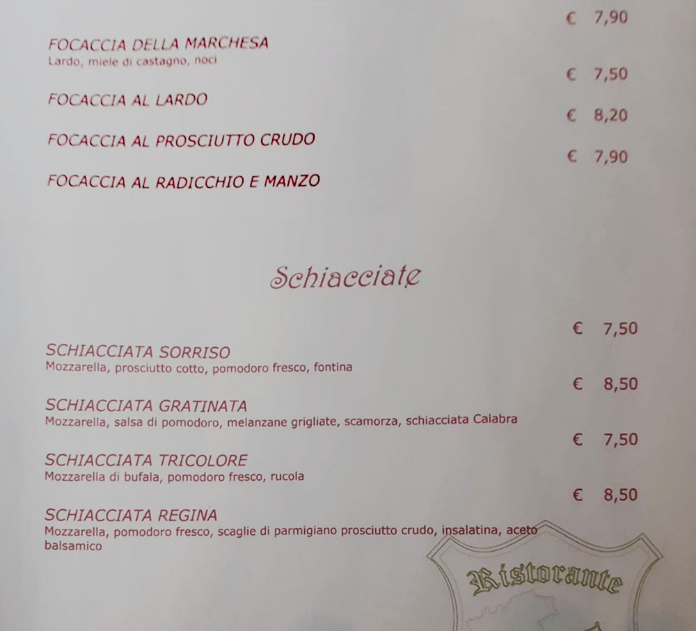 Menu focacce